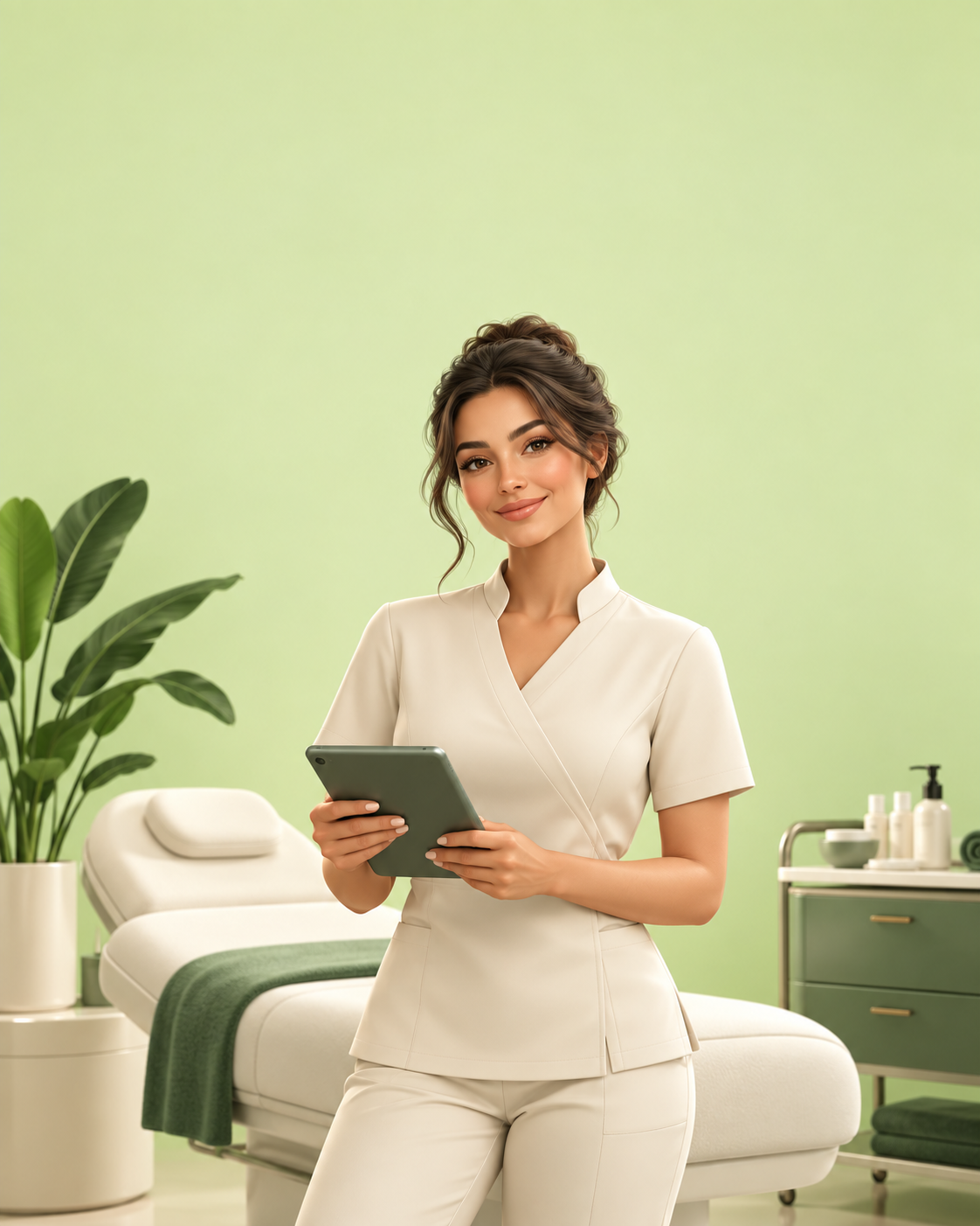 Profissional de estética com um tablet em uma clínica, em ilustração tridimensional.